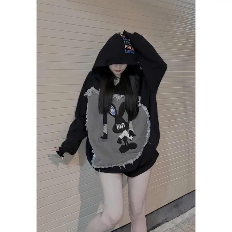  Áo nỉ hoodie nam nữ mặc đôi đính vải bò in hình thỏ 3D siêu nổi bật thời trang trẻ trung phong cách hàn quốc 