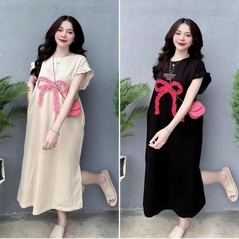 Đầm bầu phối nơ cotton tay bèo sang chảnh TM234