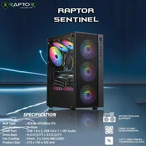 Casing PC Gaming Power UP Raptor Sentinel + 3 Fan RGB Tempered Glass Atx / Micro Atx
