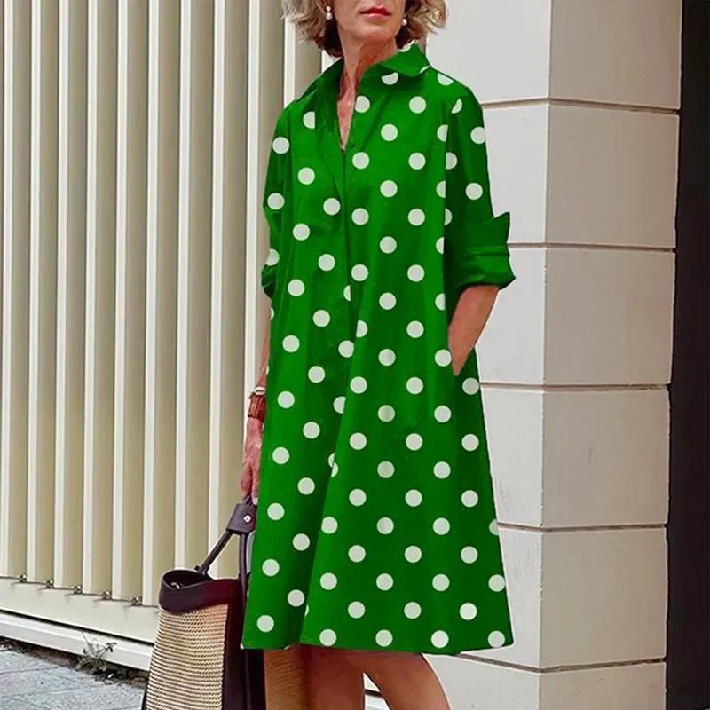 Product Introduction of Plus Size S-4XL Women Shirt Dress Cotton Floral Dot Print Button A Line Midi Knee Length Slim Loose Spring Summer Autumn Fashion Casual Elegant Long Sleeve Black White 25