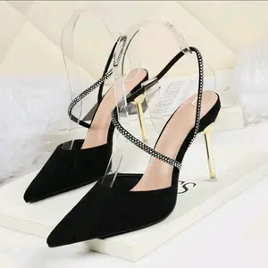 DCollection RB 05 Sepatu Wanita Elegan Heels Permata Stiletto 7 Cm Realfic shoes karet Hitam Pesta Korean Heels