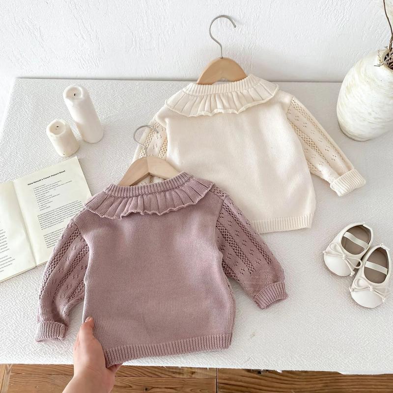Product Introduction of Korean Baby Girl Autumn Hollow Out Sweater Cardigan Kids Fashion Cotton Ruffle Collar Knitted Jacket Spring Solid Outerwear Coat 29
