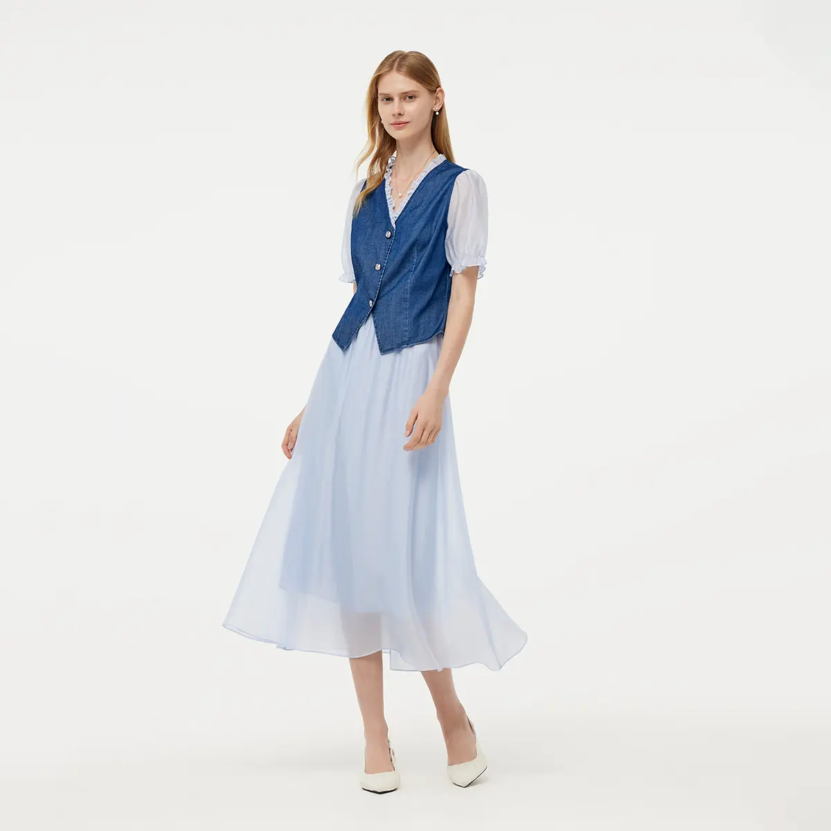 Denim Patchwork V Neck Top And Skirt Two-Piece Set