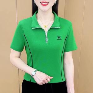 Summer New Chic Color Block Embroidered Half Zip Short Sleeve Top Women Polo Shirt Fit and Thin Stand Collar Shirts