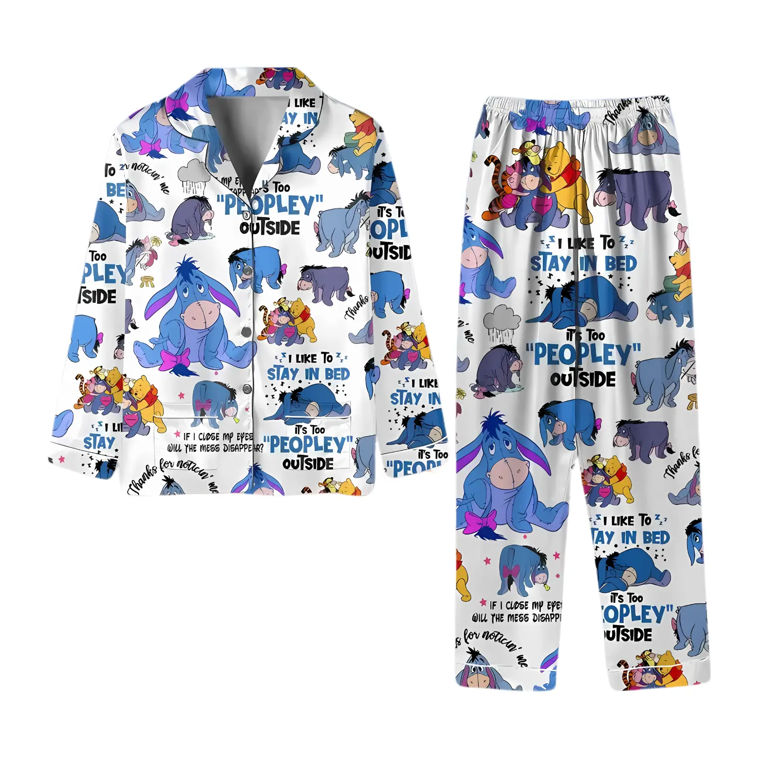 White Design Winnie The Pooh Eeyore Pajamas, Eeyore Dokey Holiday Pyjamas, It's Too Peopley Outside Pjs, Pooh Bear Shirt, Gift For Him Her, Cute Loungewear Sleepwear - Casual Outfit At Home cozy summer