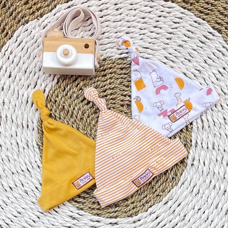 Topi Kuncung Bayi Arevy Babywear Isi 3 Pcs Seri Mustard Perlengkapan Bayi Newborn Topi Kupluk Motif Unisex 0-6 Bulan 1