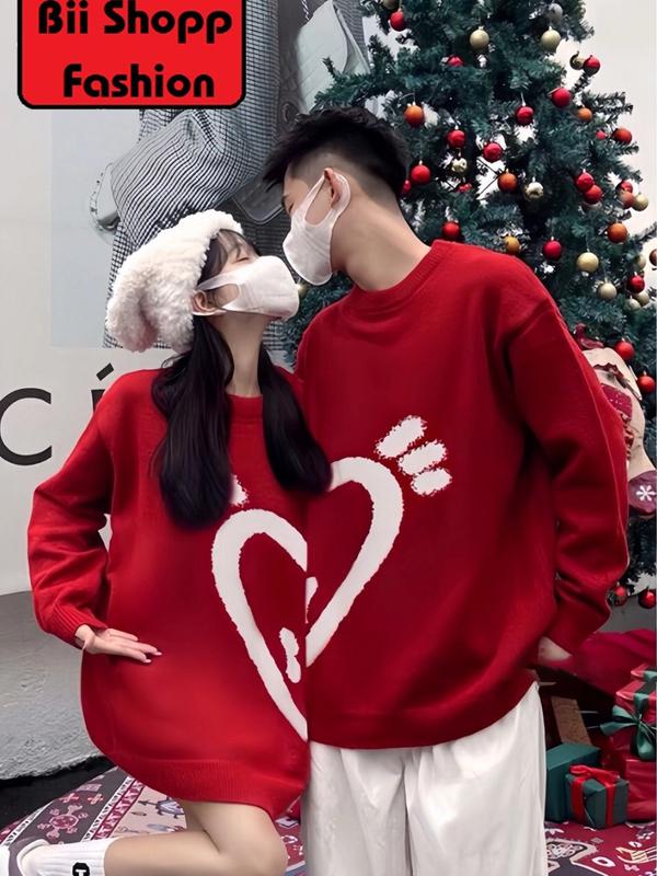 Áo Sweater Đôi Trái Tim Nữa Đỏ Đen phong cách, Áo sweater đôi from Rộng Phong Cách Unisex Basis Ulazang. Jacket Top Women Pants Cổ Tròn 1