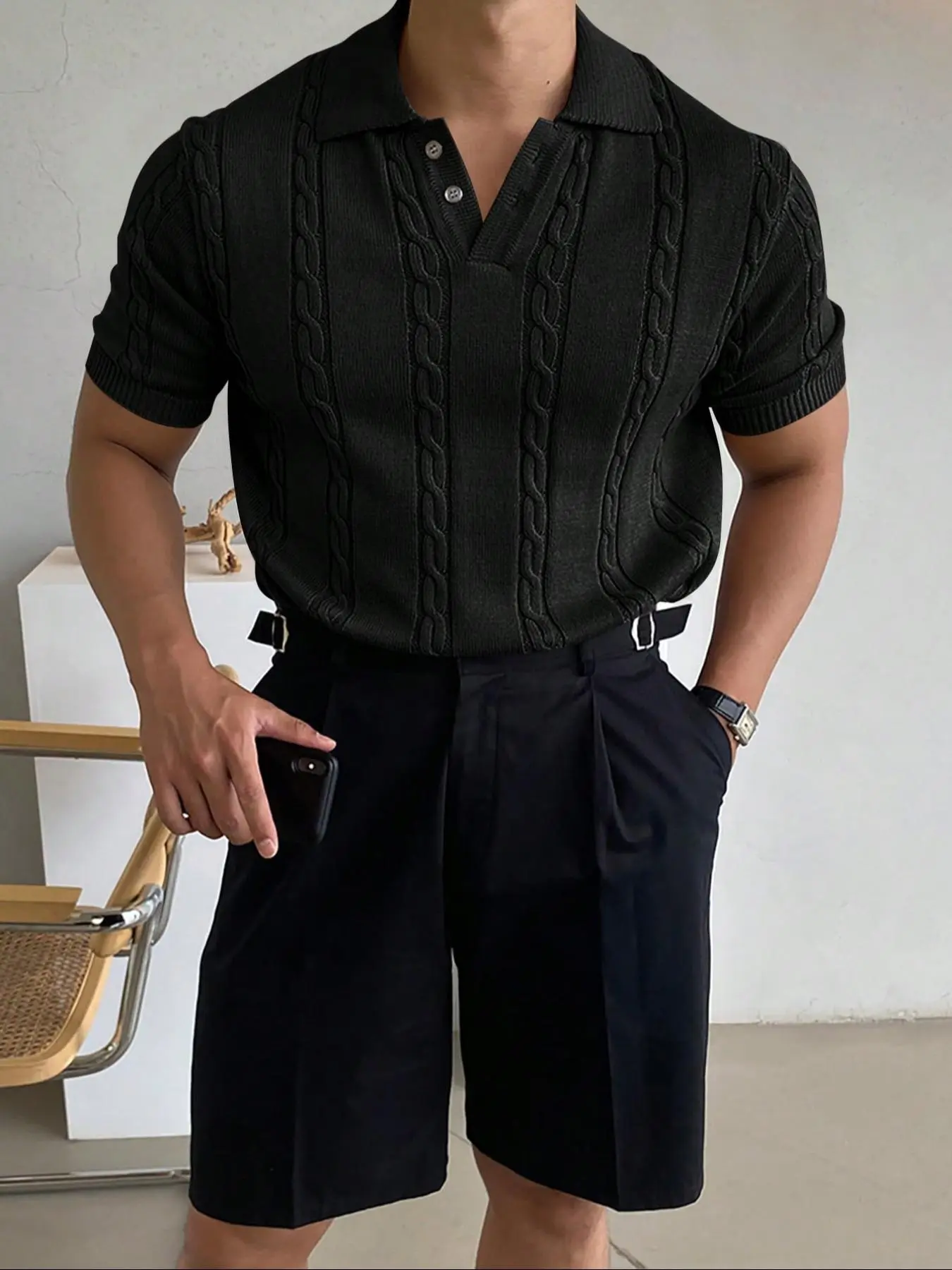 Men's Solid Jacquard Polo Shirt, Regular Fit Casual Short Sleeve Top for Summer, Fashion Men's Clothes for Daily Wear