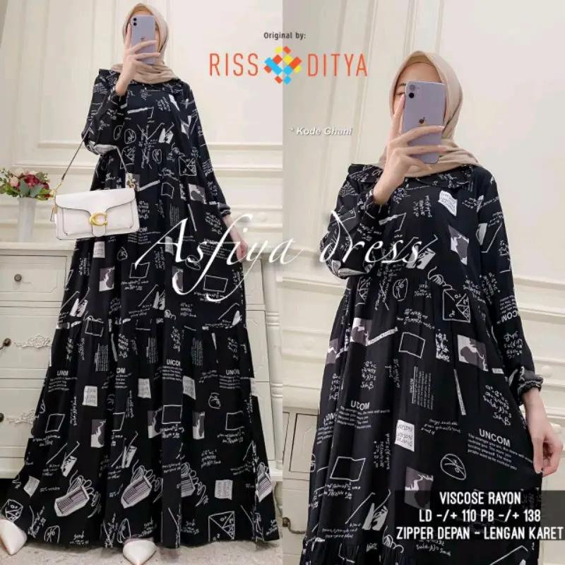 Gamis rayon motif/ Gamis rayon viscose/ Gamis Murah/ homy dress Muslim Wanita Mesin Dicuci Pas Midi