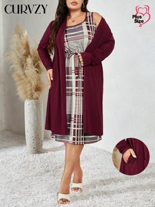 CURVZY Plus Size Two-piece Set Plaid Print Drawstring Waist Tank Dress & Pocket Open Front Outwear, Casual Fashion Cozy Outfits for Daily Outdoor Wear, Women Clothing for Fall