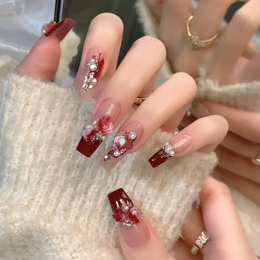 New Style Nail Art Wearable Nails High-end Pure Desire Style Nail Stickers Finished Wearable Nails Rose Nail Stickers