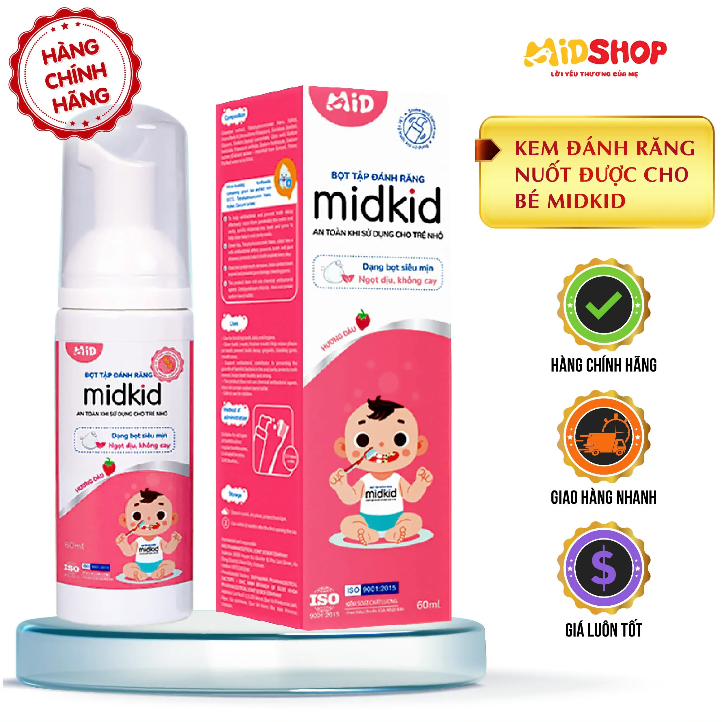 Midkid - Kem Đánh Răng Dạng Bọt Midkid Hương Dâu Nuốt Được Cho Bé Chai 60ml