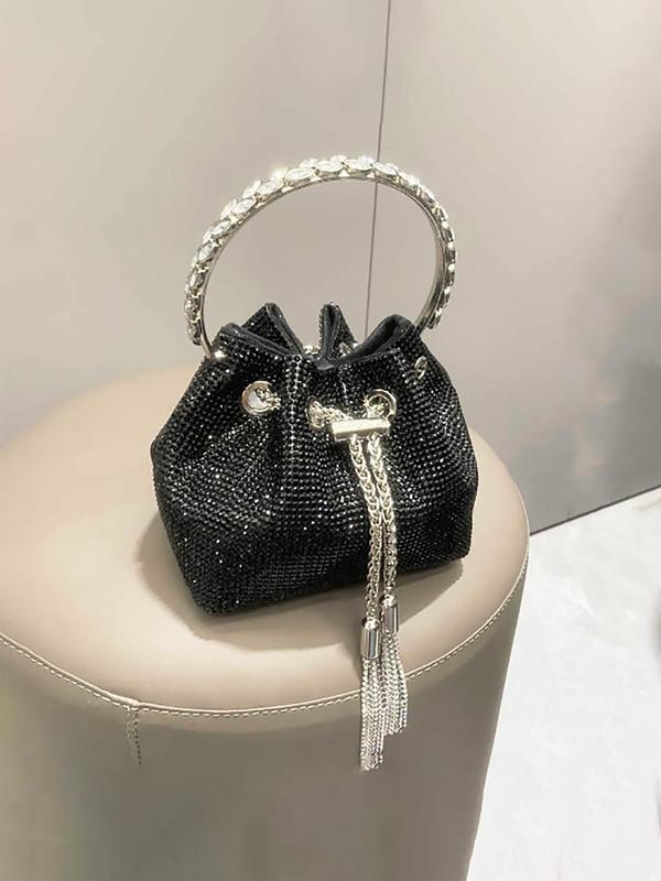 Women's Rhinestone Decorated Evening Bag with Round Top Handle, Elegant Shiny Tassel Chain Drawstring Design Shoulder Bag for Party, All-match Commuter Bag for Work & Daily Used, Valentine's Day Gift for Girl, Ladies Purse 2