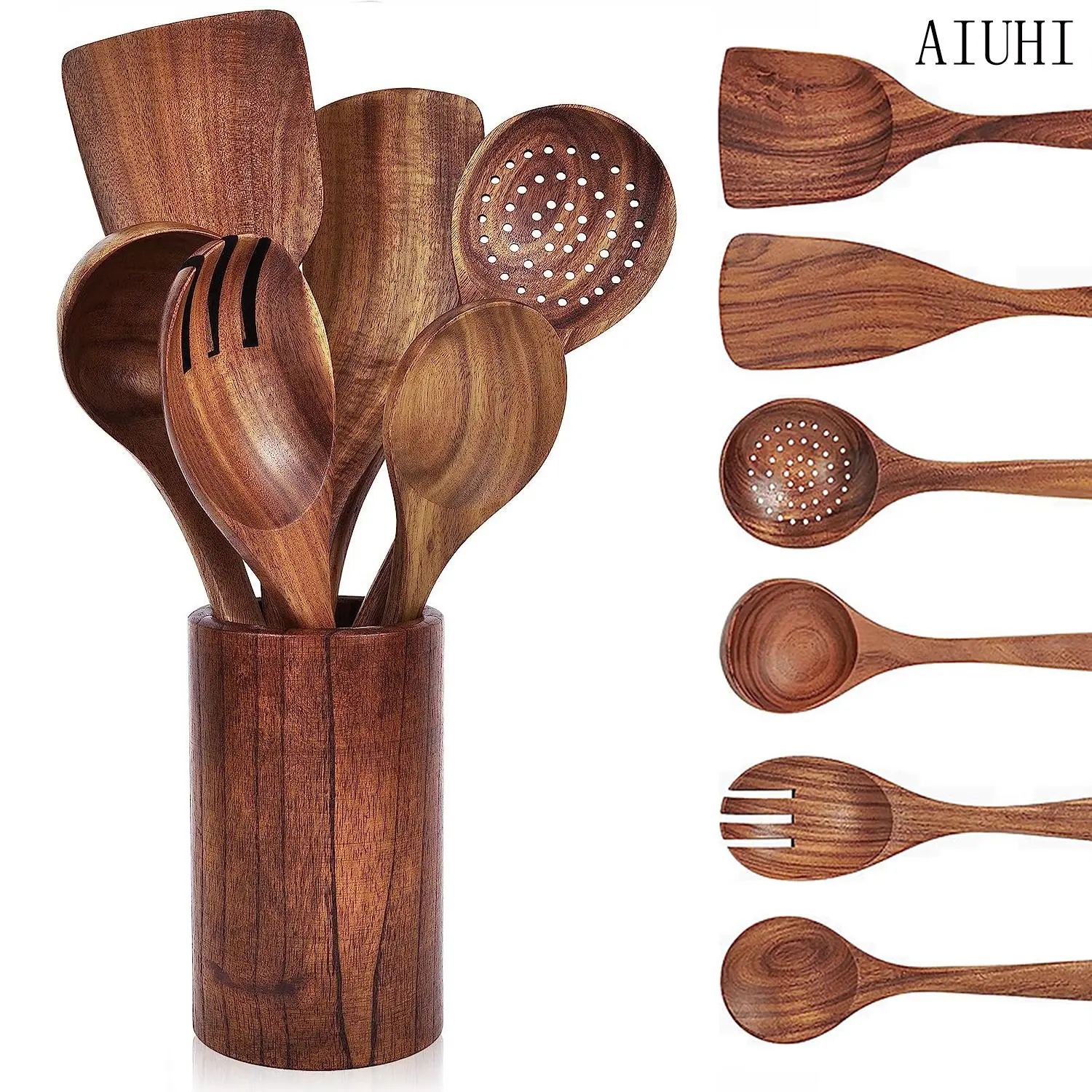 Wooden Utensils Set, 7 Counts/set Kitchen Utensils Set with Storage Bucket, Kitchen Utensils Set for Home Use