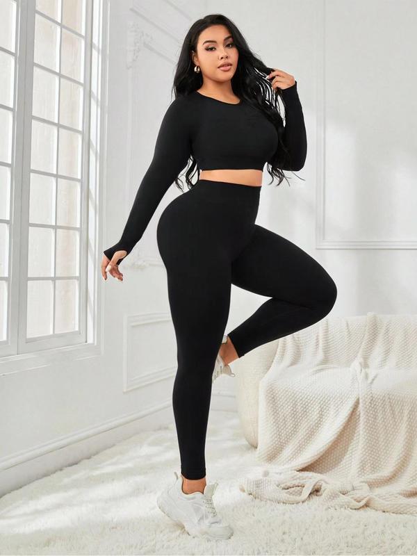 【Plus Size】 2pcs Solid Round Neck Crop Top & High Waist Leggings Tracksuit Set, Quick Drying Long Sleeve Crew Neck Top & Skinny Pants Two-piece Set, Women's Sportswear for Spring & Fall 3