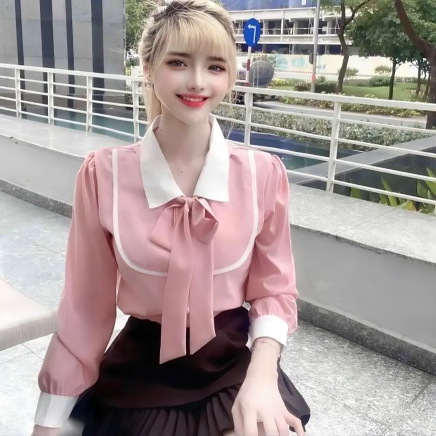 (FASHION DORRY) MÃ HÀNG MỚI ÁO SƠ LỤA TAY DÀI CỔ NƠ  PHỐI CỔ ,TAY(SIZE SML PHOM DƯỚI 65 kg ) Women Nữ