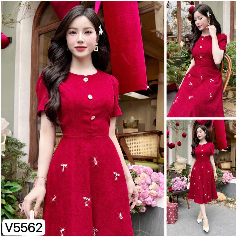 V5562 SẴN/GIAO NGAY VÁY ĐẦM ĐỎ ĐI TIỆC, VÁY NỮ XINH DÁNG MIDI ĐÍNH HẠT DRESS/WOMEN Nhung Voi 0