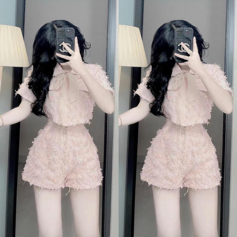 Set bộ nữ croptop dạ hồng hotrend kèm nơ tiểu thư - Hồng Phấn, chất liệu dạ lông, size S M 7
