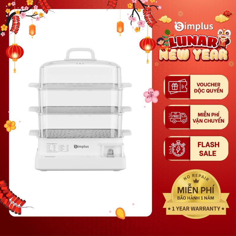 SimplusVN Nồi hấp điện Simplus 3 tầng Dung tích lớn 21L DZEG005, Hẹn giờ tới 24 tiếng, Nhiệt nóng tập trung 1300W, Vỉ hấp lớn bằng thép không gỉ Bảo hành 1 năm chỉ đổi không sửa