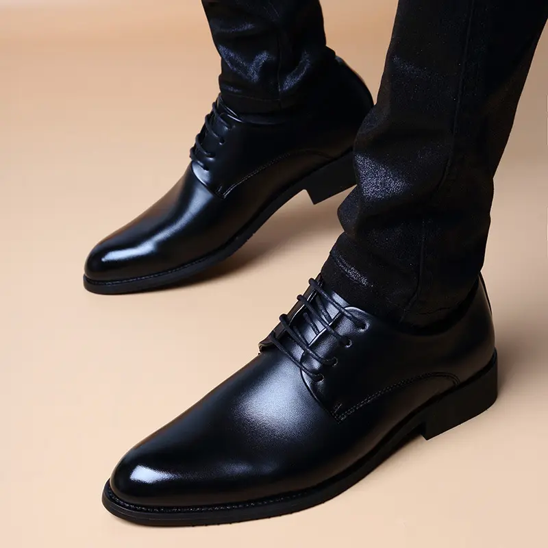 Spring and Summer Korean Style British Pointed Toe Height Increasing Leather Shoes for Men Business Casual Shoes Youth Lace-up Formal Trendy Men's Shoes