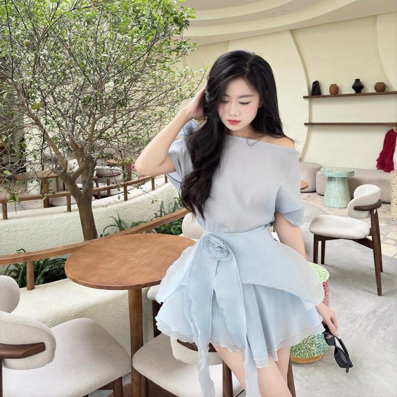 [Không kèm quây, áo 2 lớp voan mỏng] Set áo kèm chân váy voan tơ nến tiểu thư sang chảnh chân váy bồng xòe voan tơ nến S41