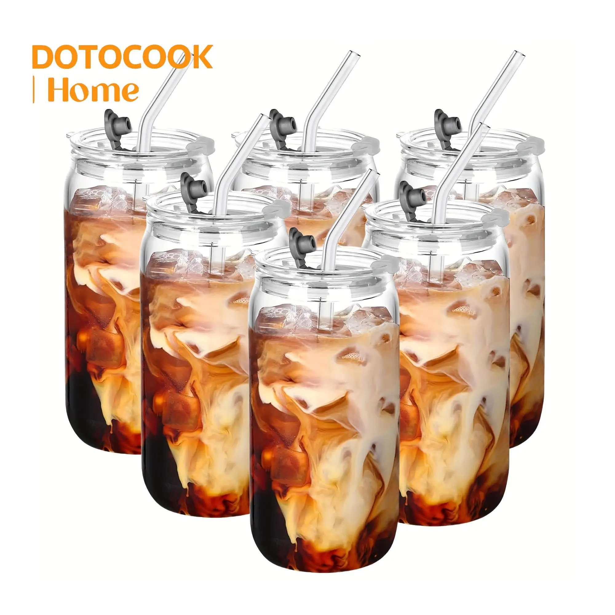 Glass Cup with Lid & Straw & Straw Brush, 2/4/6 Counts 16oz Drinking Glasses, Portable Iced Coffee Cups for Home Office Party Dormitory Picnic, Kitchenware