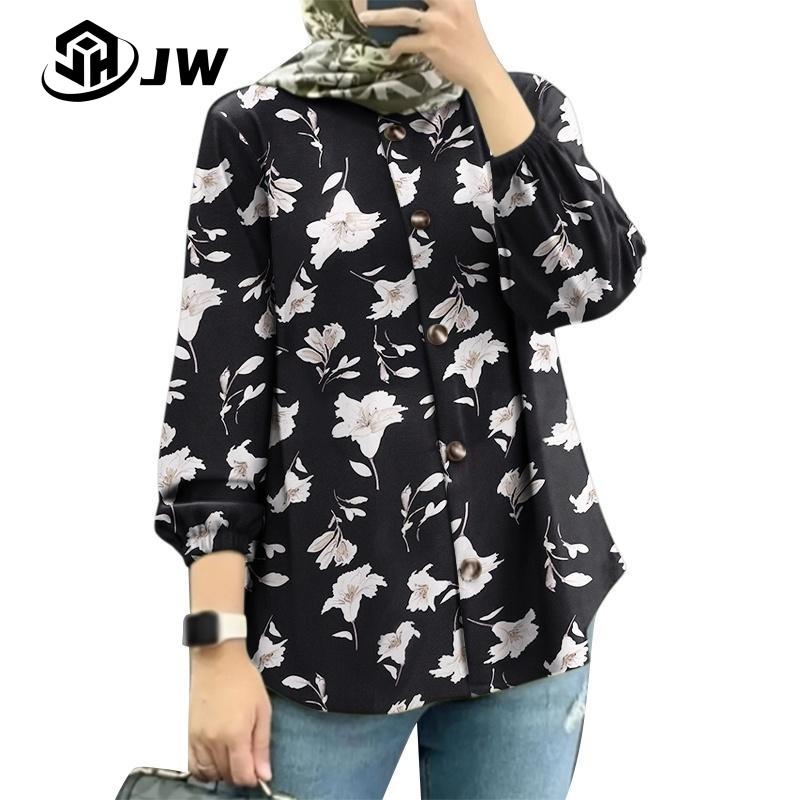 Product Introduction of Women's elegant and casual Muslim fashion long sleeved round neck button printed shirt, comfortable for daily work, breathable fabric long sleeved shirt 25