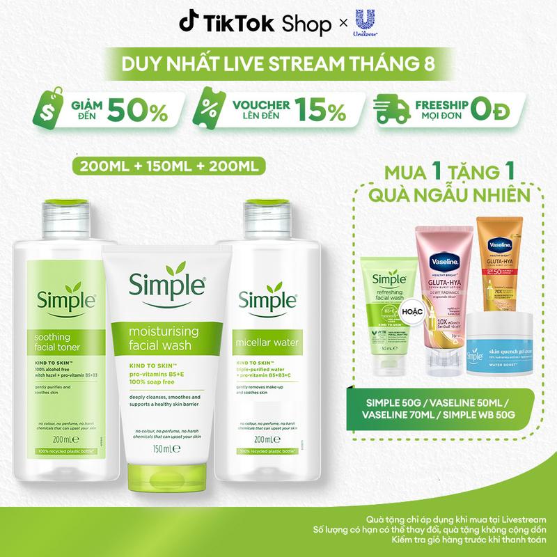 Combo 3 Skincare Simple Nước Tẩy Trang 200ml Sạch Sâu Ẩm Mịn + Sữa Rửa Mặt Cấp Ẩm Sâu 150ml + Nước Hoa Hồng Làm Dịu & Cân Bằng Da 200ml - Dành Cho Da Thường [1]