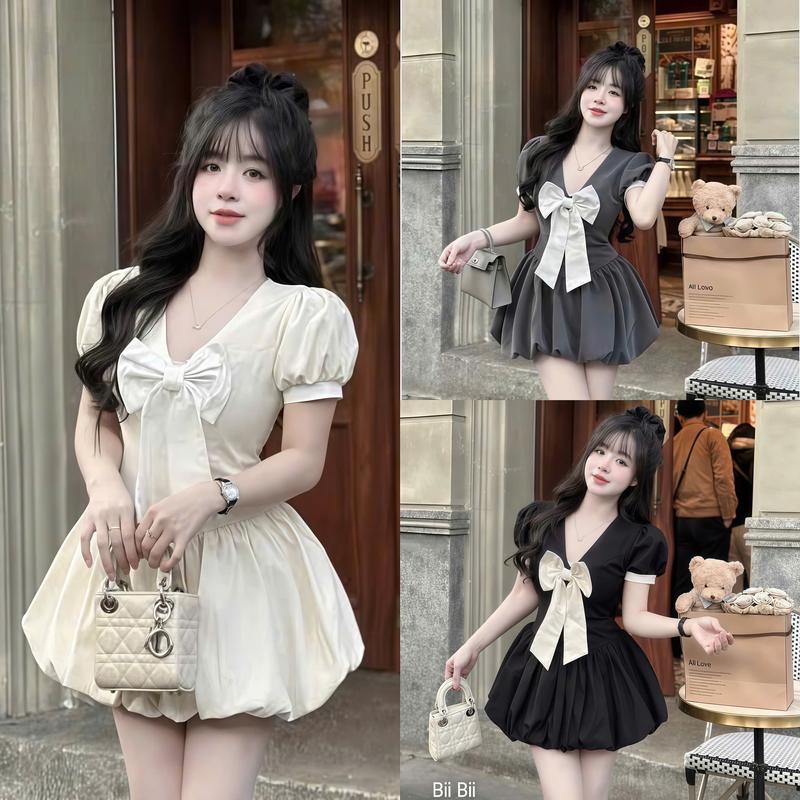 Đầm váy nữ dáng bí tay ngắn cổ V đính nơ tay búp tùng mango ( có quần ) Sang chảnh, xinh xắn, dễ thương phù hợp cho các nàng diện đi tiệc, đi chơi, đi du lịch