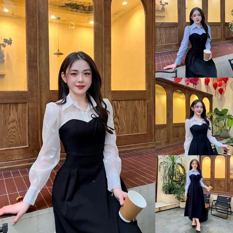 Váy thiết kế Evii C85 dành cho nữ, đầm thiết kế cổ đức dáng A liền xoè che khuyết điểm tốt (tặng kèm nơ đi liền) phù hợp đi làm đi chơi Women Dress  có Bigsize Kem Voi Đen