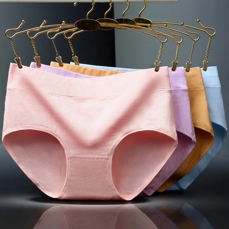 Mid-Waist Women's Cotton Underwear Mid-Waist Cotton Solid Color Briefs plus Size Cotton Women's Underwear