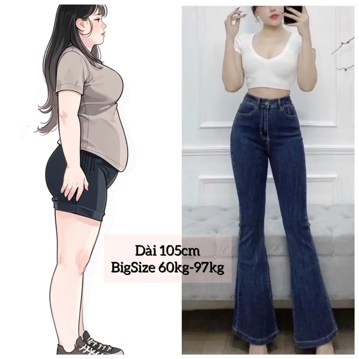 (Từ 58kg-97kg) Quần Ống Loe BigSize Đủ Màu, Dài 105cm, Lưng Cao Trên Rốn, Co Giãn Mạnh Nữ Women Pants Ong Jean Denim