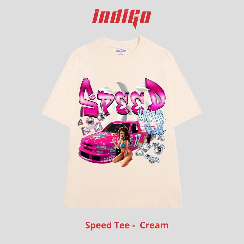 Áo thun unisex nam nữ INDIGO SPEED, áo thun cổ tròn form rộng chất liệu cotton kiểu dáng oversize. TS010 Women Đen Top 3