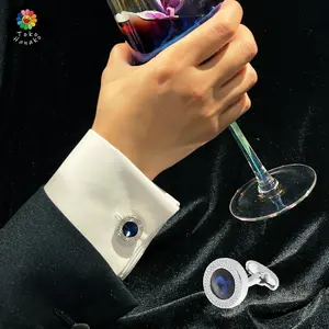 2pcs Cufflink Pria Kristal Zirkon Safir Bundar Kancing Manset Alloy Metal Modis