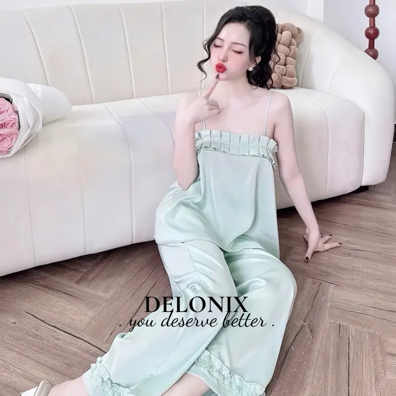 B17 Bộ đồ ngủ lụa pijama xếp ly 2 dây cute sang chảnh tôn dáng cao cấp chuẩn hàng bộ ngủ DELONIX 5