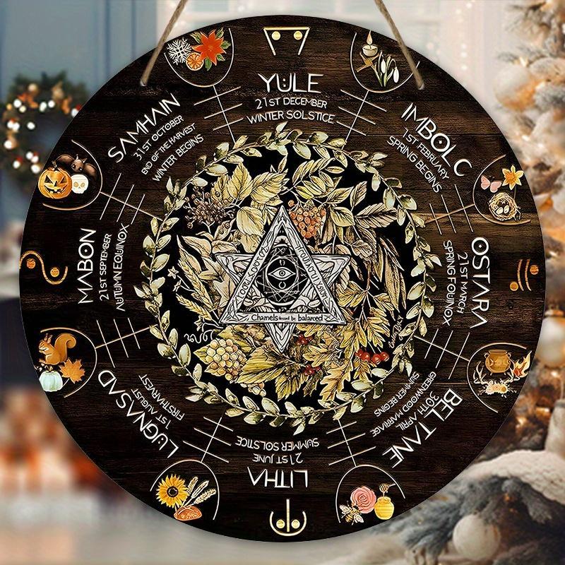 Product Introduction of Wooden Christmas Halloween Hanging Sign, 2D Relief Effect Artistic Wheel Year Wooden Wreath Sign, Hanging Decor for Yard Balcony Door 0