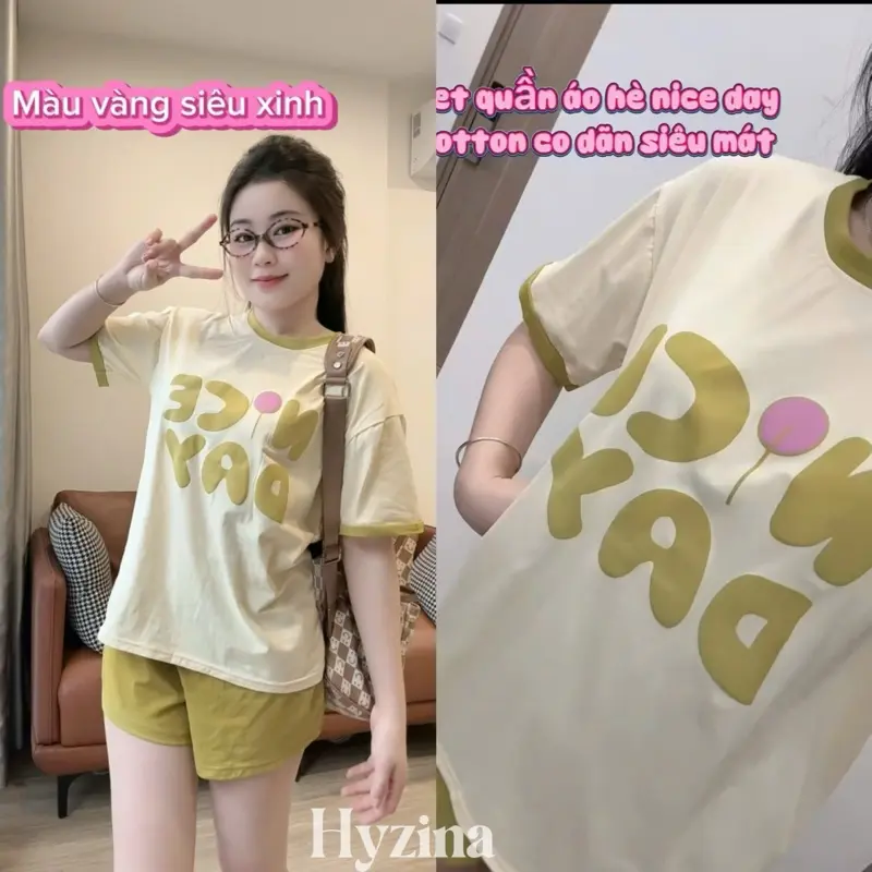 Set Bộ Quần Áo Nữ, Họa Tiết Chữ NiceD, Chất Liệu Cotton Mịn, Chất Mát, Co Dãn Phù Hợp Mặc Nhà Đi Chơi Màu Đen Women 4