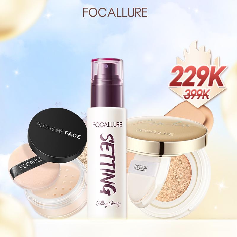 【NEW Focallure Combo Trang Điểm Mặt Cushion Phấn Nước Hỗ Trợ Che Khuyết Điểm + Xịt Khóa Hỗ Trợ Cố Định Lớp Trang Điểm + Phấn Phủ Dạng Bột Phù Hợp Cho Mọi Loại Da