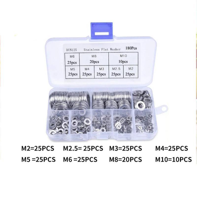 Product Introduction of Stainless Steel Washer Set, 180pcs/set M2 M2.5 M3 M4 M5 M6 M8 Flat Washer Assortment Kit, Durable and Sturdy Screw Accessories for Home and Office 0