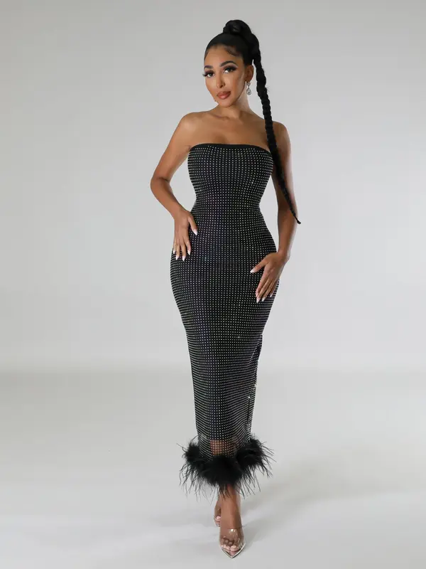 Women's Rhinestone Decor Tube Tulle Party Dress, Elegant Sleeveless Evening Party Gown, Ladies Clothes for All Seasons 2