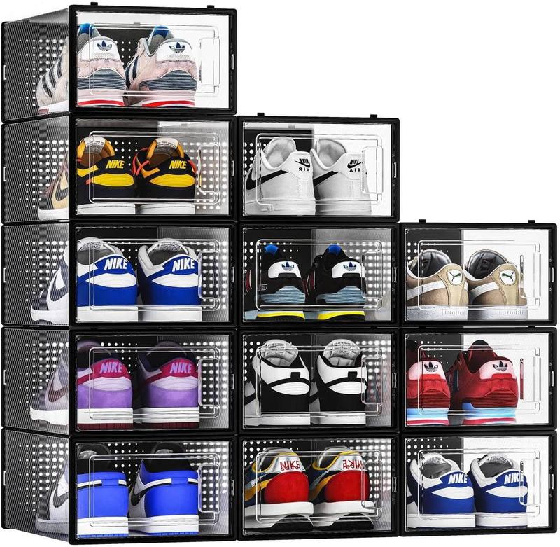 TikTok Shop 12 Pack Shoe Storage Bins Clear Plastic Stackable Shoe Organizer for Closet Space Saving Foldable Shoe Rack Shoe Box Sneaker Holder Container Black Frame