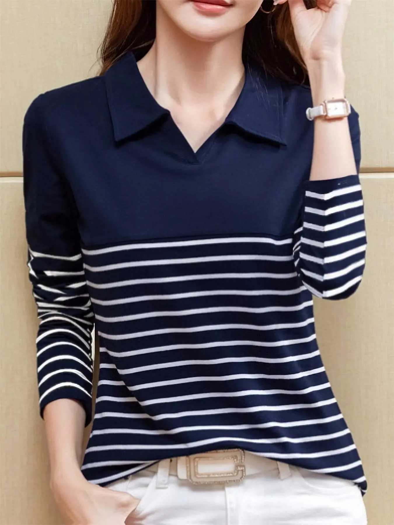 Women's Striped Print Polo Shirt, Casual Long Sleeve Collared Top for Spring & Fall, Ladies Clothes for Daily Wear