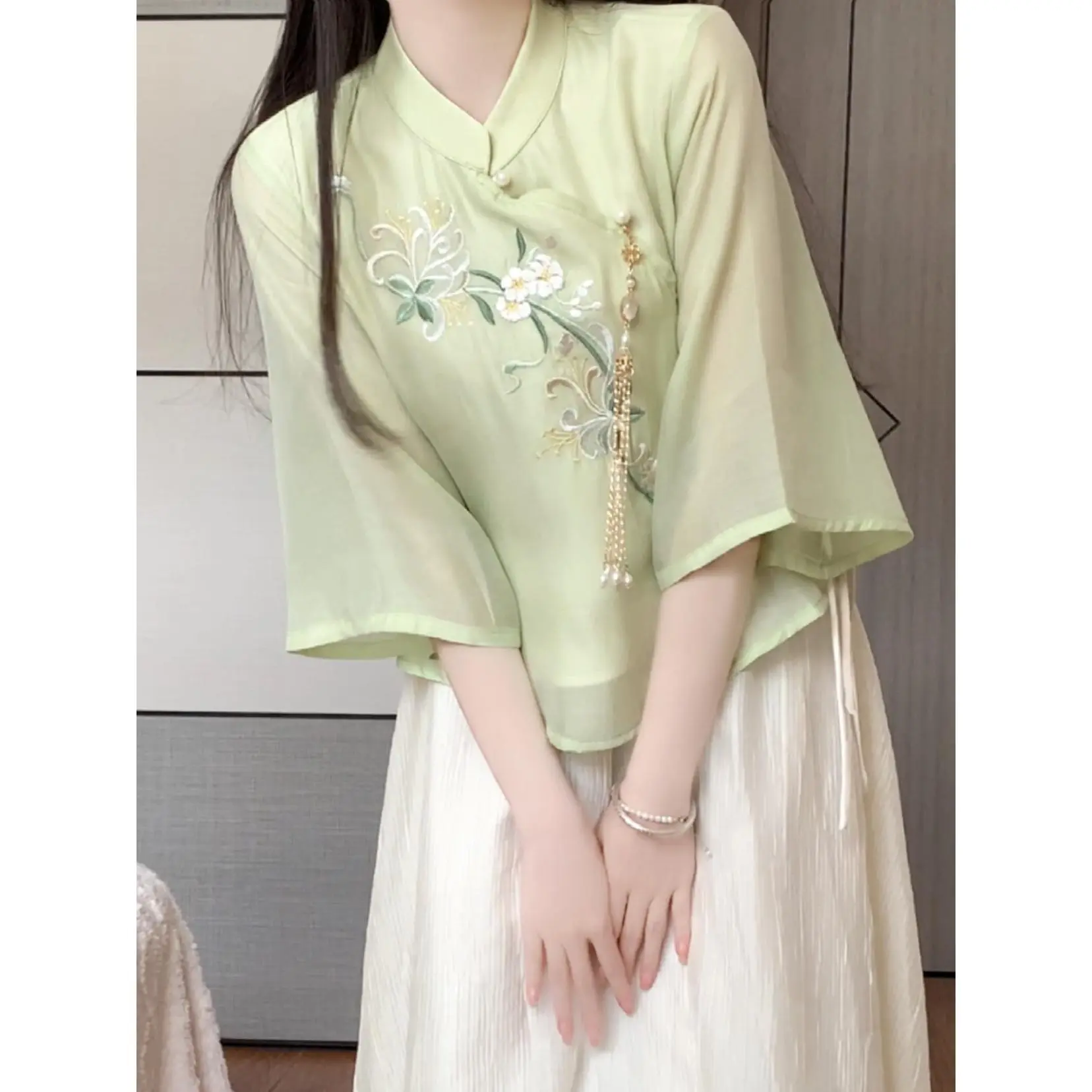 Bộ Đồ Hai Mảnh Sườn Xám Cải Tiến Khóa Phong Cách Quốc Gia Thiền Trung Quốc Mới, Bộ Đồ Thời Trang Hàng Ngày Cho Bé Gái, Mùa Xuân Và Mùa Hè 2024 Hàng Mới Về Women Top Áo