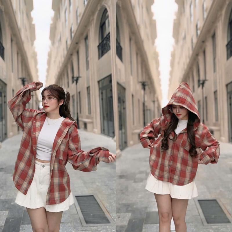 Áo Khoác Sơ Mi Dạ Kẻ Caro Dành Cho Nam Nữ Có Nón Trùm Đầu