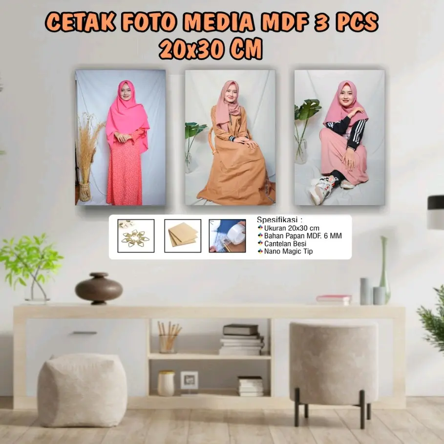 3 PCS ) CETAK FOTO + BINGKAI 20+30cm MEDIA KAYU MDF 6mm Besi Dinding