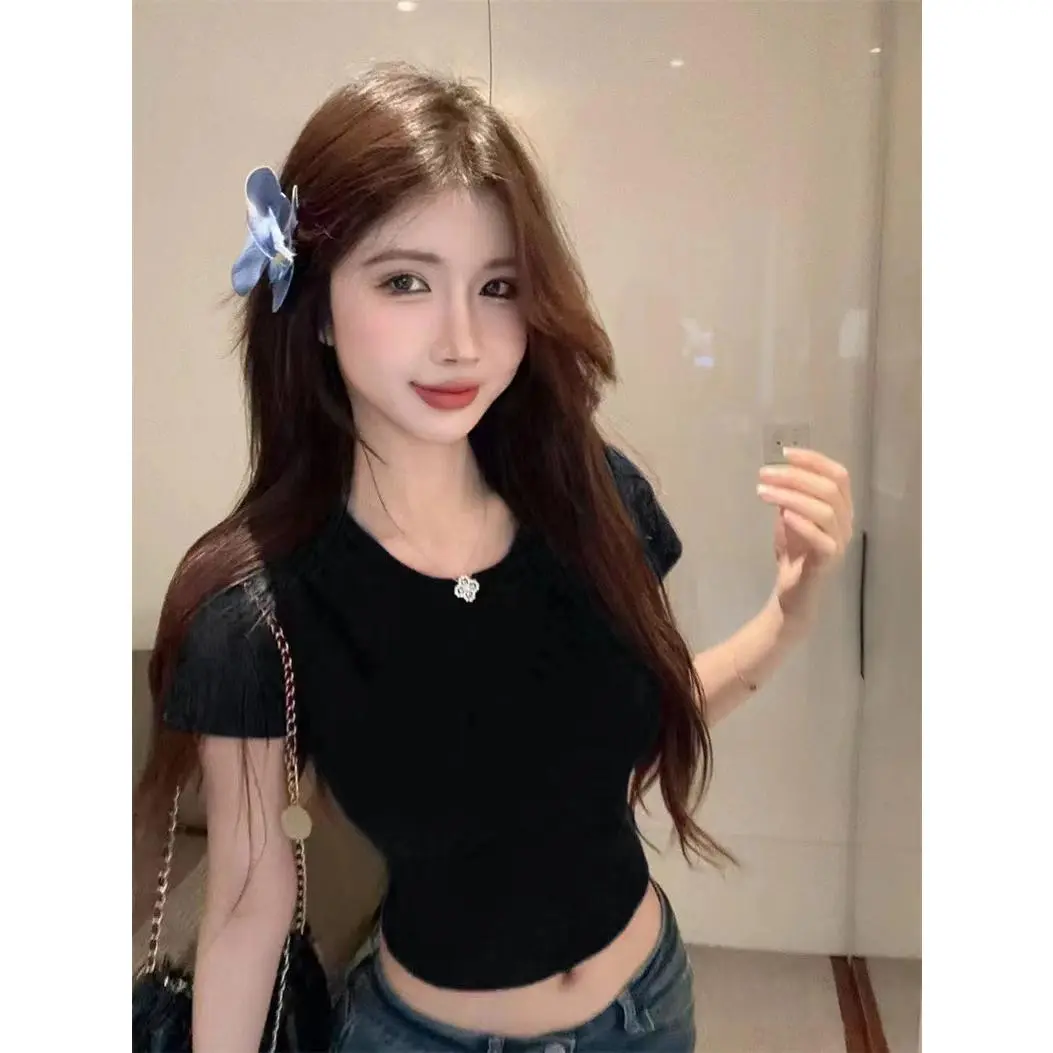Korean style fashion versatile slim fit short style stunning midriff-baring top，summer Red hollowed out backless bow short sleeved T-shirt for women
