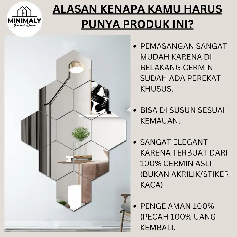 Paket Kaca Cermin Hexagonal (ISI 30 PCS CERMIN ASLI) Ukuran 10x8,5cm Cermin Dinding Tempel Kaca Dinding Tempel Cermin Aesthetic Kaca Aesthetic Hiasan Dinding 1