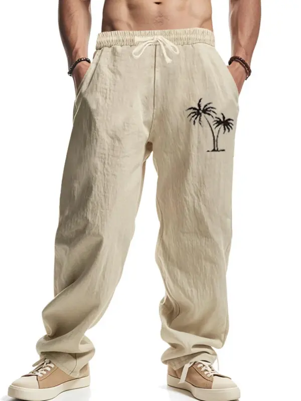Men's Coconut Tree Print Linen Pants, Regular Fit Casual Comfy Breathable Wide Leg Trousers for Beach Vacation Holiday, Men's Bottoms for Summer, Menswear 1