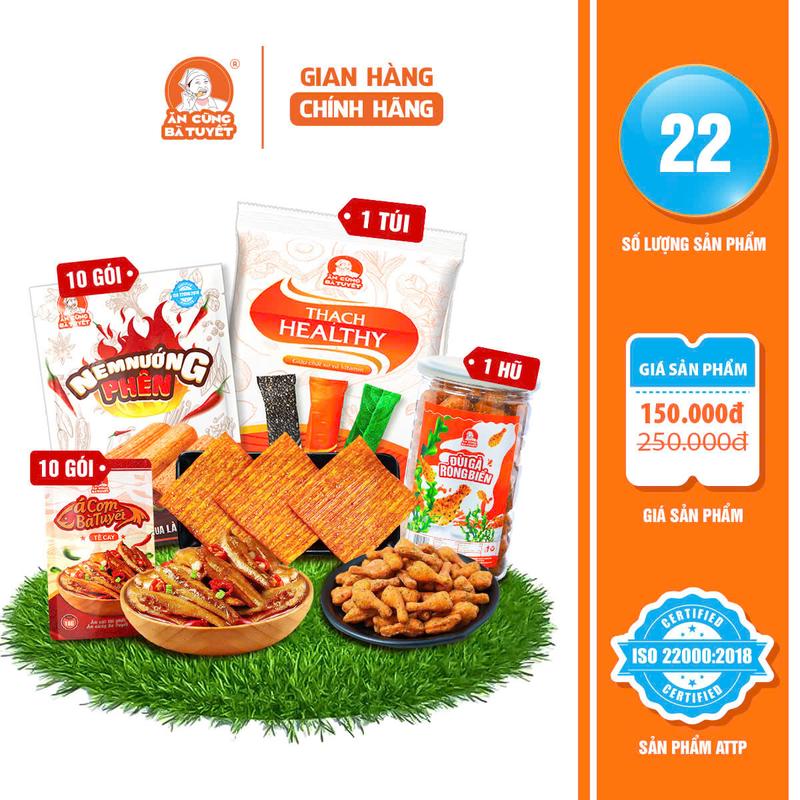 Combo BÙNG NỔ SỨC MẠNK gồm:10 gói snack Cá Cơm tê Cay Bà Tuyết+ 10 gói snack Nem Nướng Phên + 1 hũ snack Đùi Gà Rong Biển+ 1 bịch Thạch healthy-ĂN CÙNG BÀ TUYẾT