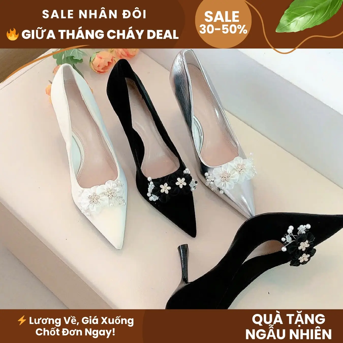 (TẶNG HỘP GIÀY) Giày cao gót nữ 9p GN905, gót nhọn da phủ mịn nano cao cấp phối nơ ngọc, form rộng 1.5, siêu xinh (MIỄN SHIP) - Đế Cao, Shoes đi chơi, đi làm thoải mái